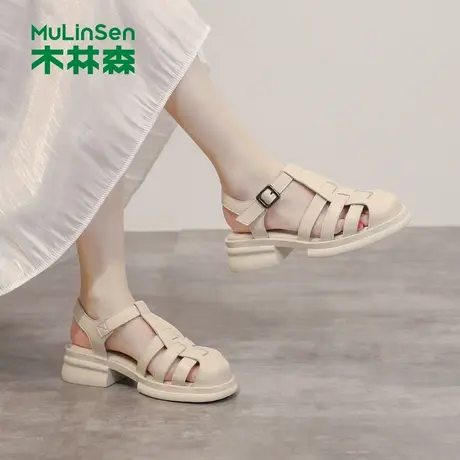 木林森罗马凉鞋女2025夏季新款时尚百搭粗跟女士配裙子休闲凉鞋女图片