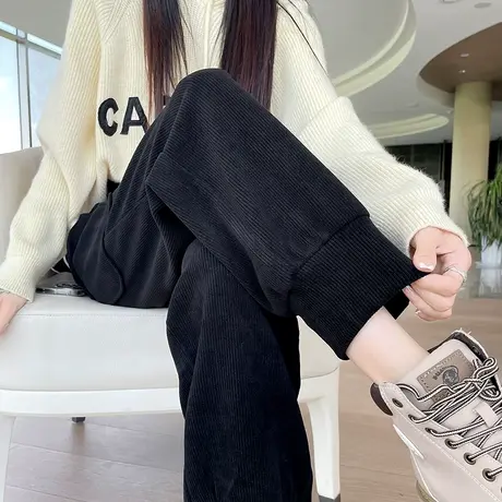黑色灯芯绒工装裤女秋冬款高腰宽松显瘦小个子束脚哈伦条绒休闲裤商品大图