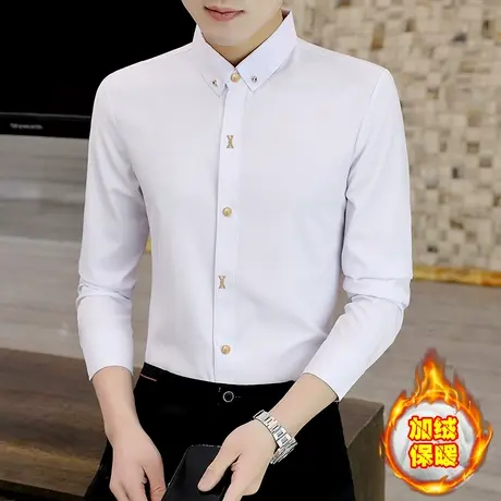 春秋季长袖衬衫男士休闲抗皱免烫寸衫冬装加绒加厚帅气垂坠感衬衣图片