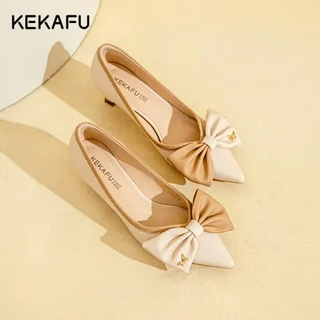 珂卡芙高跟鞋女2023新款秋季浅口蝴蝶结单鞋气质配裙子法式小跟鞋图片