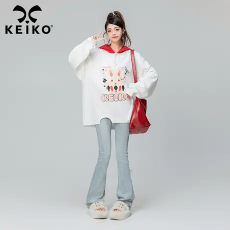 KEIKO 慵懒风白色连帽卫衣女2023秋冬新可爱兔子印花oversize上衣图片