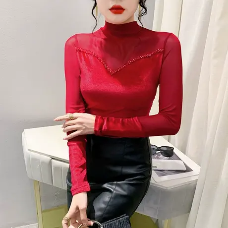 秋季丝绒网纱烫钻上衣性感高领收腰T恤女长袖时尚红色修身打底衫商品大图
