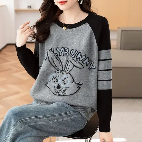 2023秋冬新款韩版宽松圆领卡通兔子针织衫长袖毛衣女百搭套头上衣商品大图