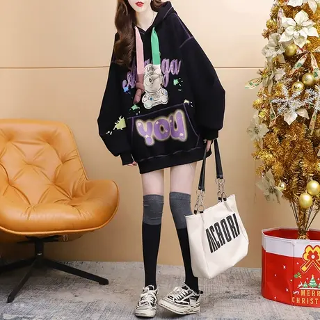 加绒加厚连帽卫衣女2023新款秋冬爆款时尚洋气减龄宽松设计感外套图片