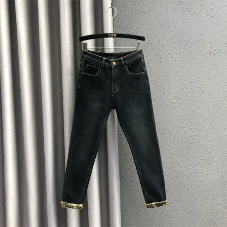 欧货小脚牛仔裤女23秋冬新款简约高腰加绒加厚保暖百搭弹力铅笔裤商品大图