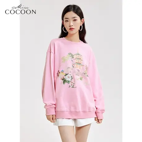 missCOCOON粉色卫衣女2023新款春季国潮印花刺绣宽松圆领套头上衣商品大图