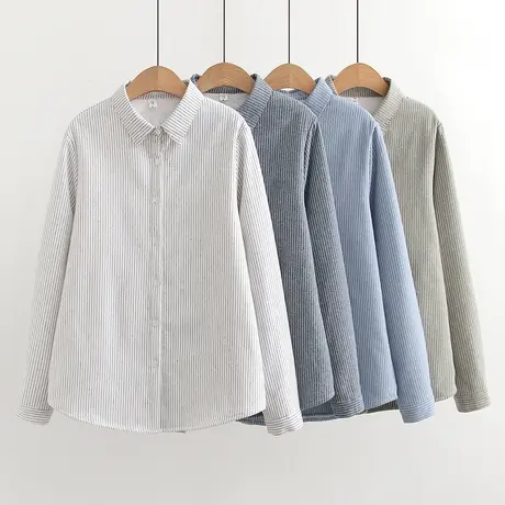 加绒加厚条纹衬衫女秋冬季简约韩版长袖休闲宽松百搭打底保暖衬衣商品大图