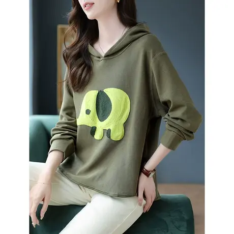 宝诗黎连帽刺绣宽松棉质卫衣女2023秋季新款落肩长袖百搭套头上衣商品大图