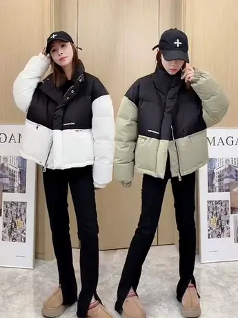 拼色短款羽绒服女冬2023新款设计感撞色面包服小个子韩系轻薄外套图片
