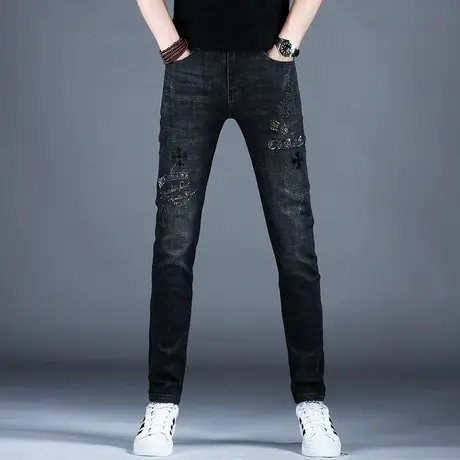 男士刺绣牛仔裤男款秋冬款小脚修身裤子潮流2023新款弹力潮牌长裤图片