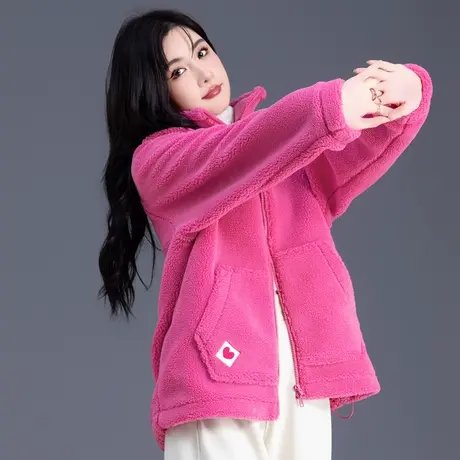 羊羔毛棉服加厚外套女2023新款冬季棉袄小个子保暖棉衣玫红色上衣商品大图
