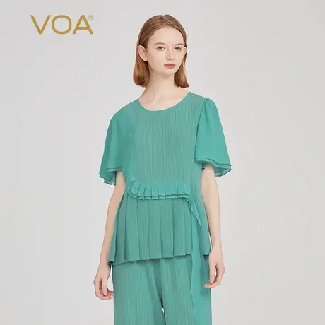 VOA41姆米无界重磅桑蚕丝圆领拼接乔其丝绸喇叭短袖木耳边T恤衫图片