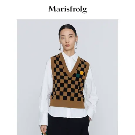 【商场同款】玛丝菲尔秋季新款咖色复古棋盘格羊毛针织马甲商品大图