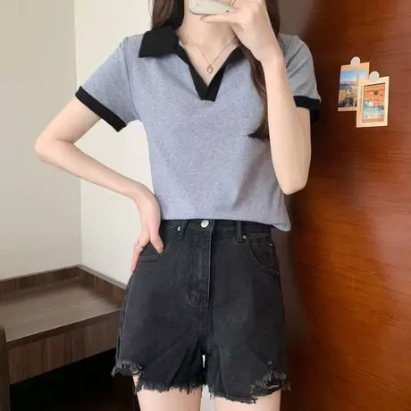 纯欲POLO领正肩短袖t恤女夏季设计感小众辣妹修身显瘦V领短款上衣商品大图