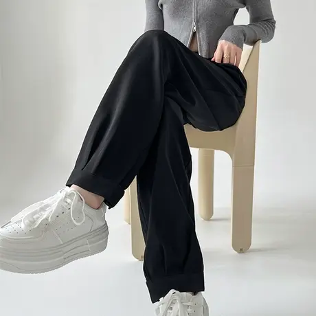 黑色直筒束脚哈伦裤女春秋新款高腰显瘦九分小个子百搭萝卜休闲裤商品大图