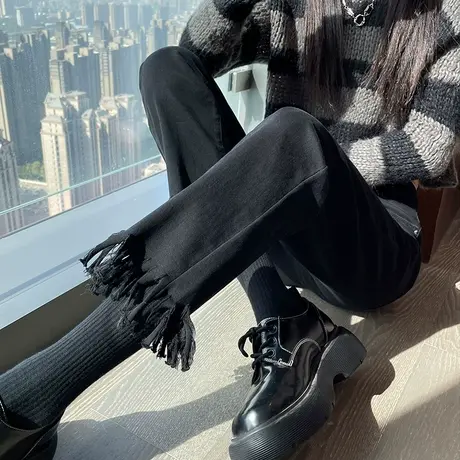 黑色牛仔裤女加绒秋冬新款高腰显瘦宽松直筒流苏九分小个子烟管裤商品大图