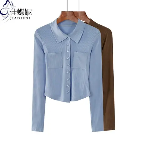 秋季新款韩版翻领修身显瘦纯棉短款燕尾摆开衫长袖体恤上衣女装商品大图