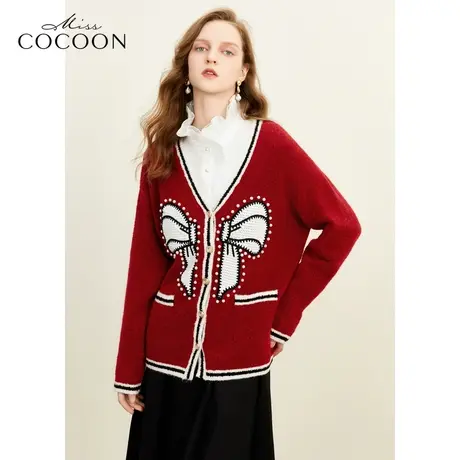 MISSCOCOON宽松V领开衫2023冬女别致蝴蝶结复古撞色红色毛针织衫图片