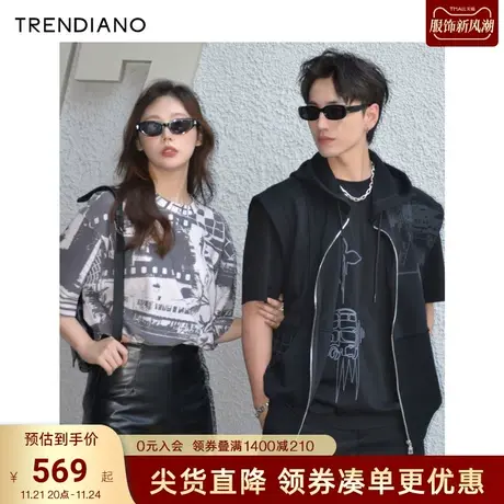 TRENDIANO官方2023新款秋季港风街景印花宽松圆领短袖T恤潮商品大图