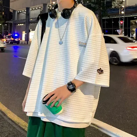 凹凸格子短袖t恤男潮牌夏季新款宽松五分袖贴标圆领设计感上衣服商品大图