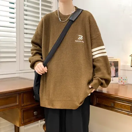 圆领毛衣男秋冬2023新款印花针织衫潮流大码线衣青少年学生打底衫商品大图