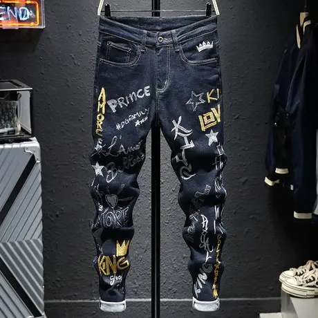 秋冬款蓝色日系潮牌刺绣牛仔裤男修身小脚显瘦百搭绣花裤子男韩版商品大图