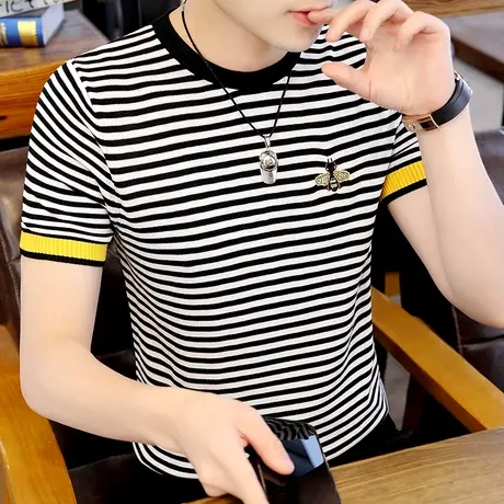 男士韩版条纹短袖T恤春夏季潮流冰丝针织衫上衣ins刺绣打底衫体恤商品大图