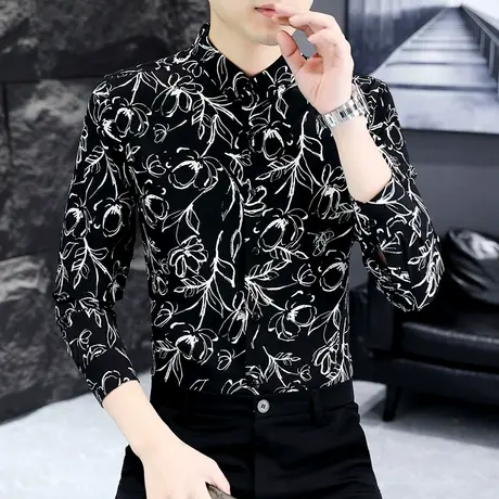 长袖衬衫男士秋款潮流复古碎花上衣2023新款韩版修身痞帅打底衬衣商品大图