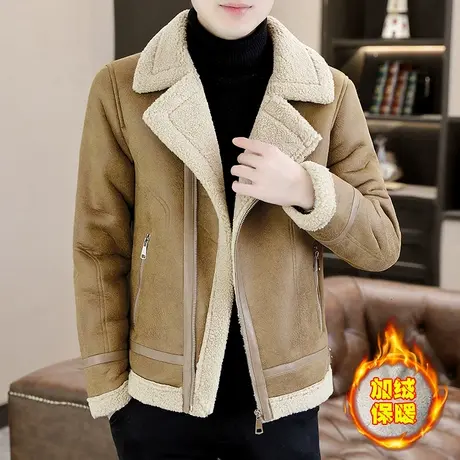 冬季羊羔鹿皮绒夹克男加绒加厚潮流高端冬装皮毛一体机车棉服外套商品大图