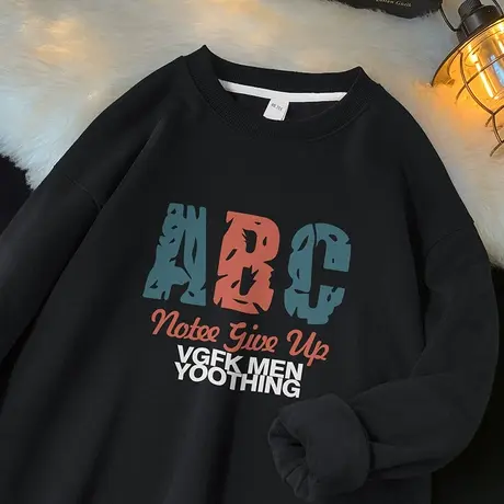 450g重磅日系卫衣男秋冬款黑色上衣服摇粒绒保暖圆领无帽长袖t恤商品大图