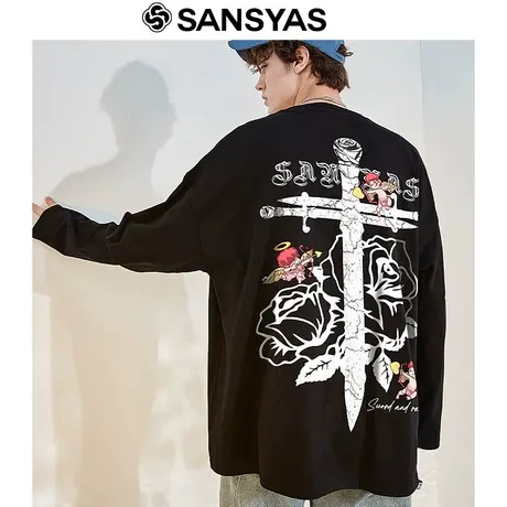 木村三社SANSYAS原创十字架圆领长袖t恤男潮ins宽松春秋纯棉新款商品大图