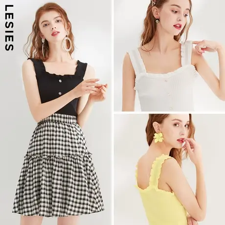 蓝色倾情夏装新款女装 弹力木耳边修身吊带背心女外穿针织小上衣图片