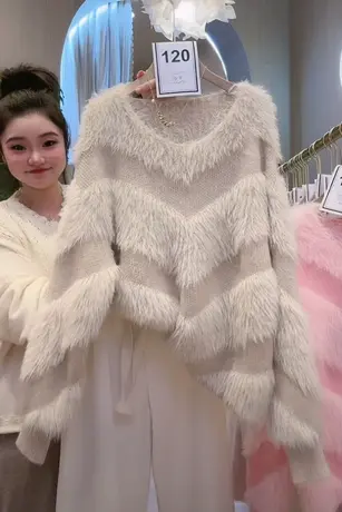 慵懒风高级感毛衣女韩系温柔软糯防水貂毛套头纯色针织衫百搭上衣图片