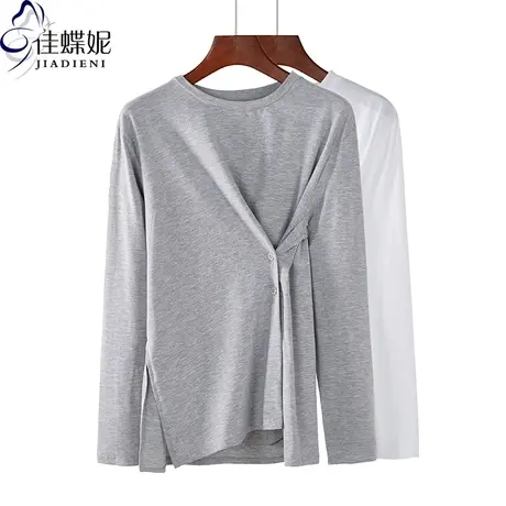 春夏新款圆领宽松两穿大码休闲纯色纯棉简约开叉长袖体恤上衣女装商品大图
