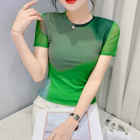 网纱短袖T恤女扎染印花撞色上衣气质个性半袖夏装修身显瘦小衫潮商品大图