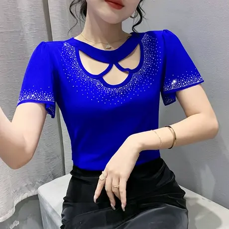性感网纱小衫女2024新款漂亮气质烫钻时尚上衣心机镂空T恤短袖夏商品大图
