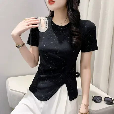 性感镂空开叉短袖T恤女洋气百搭修身小衫网红个性上衣设计感夏装商品大图