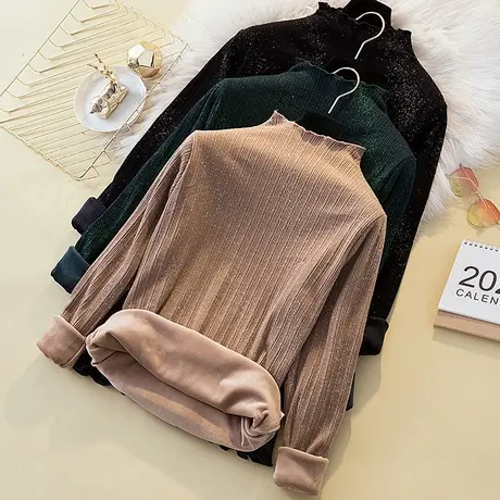 秋冬季洋气加绒打底衫女内搭长袖大码2023年新款t恤女加厚半高领商品大图