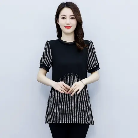 夏季短袖雪纺衫女2023年新款碎花上衣大码遮肚子胖mm妈妈时尚高贵商品大图