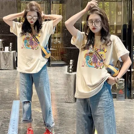 卡通涂鸦设计感别致印花短袖潮夏季上衣T恤女纯棉宽松复古米色ins商品大图