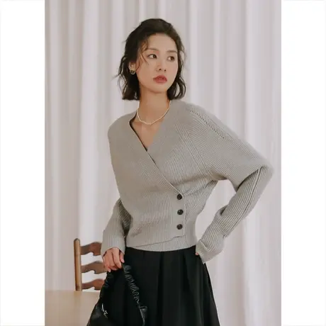 弥古灰色毛衣慵懒高级感女士春秋外穿v领针织衫打底上衣秋冬内搭商品大图