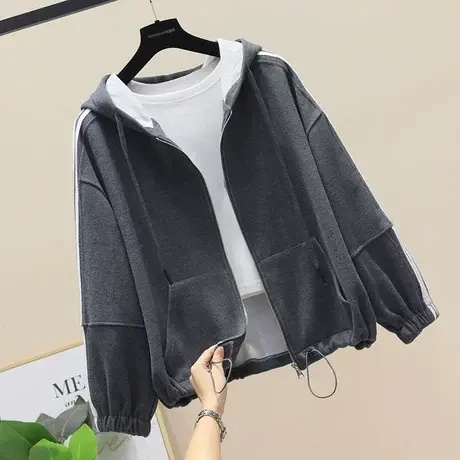 韩版休闲侧条短外套拼接运动风宽松大版连帽卫衣外套女秋装上衣潮商品大图