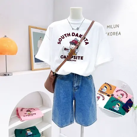 ins日系原宿风港味半袖上衣2023春夏款韩国东大门复古美式T恤宽松商品大图