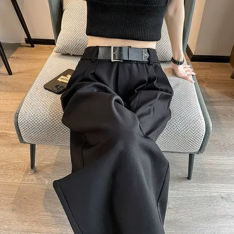 黑色西装裤女春秋新款高级感垂感直筒休闲裤宽松显瘦窄版阔腿裤子商品大图