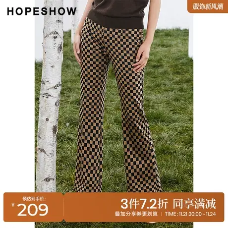 红袖outlets棋盘格喇叭裤hopeshow2023秋季新款女显瘦开叉直筒裤商品大图