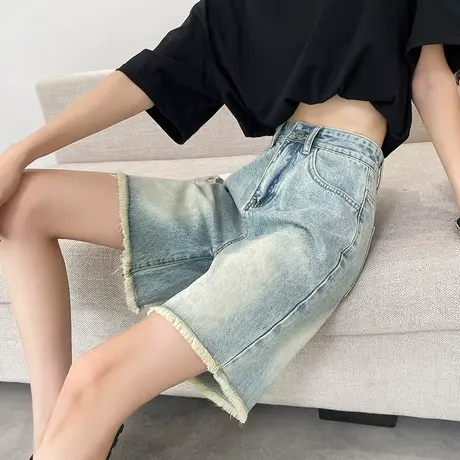 复古毛边五分牛仔阔腿短裤女夏季薄款浅色高腰显瘦直筒中裤ins潮图片