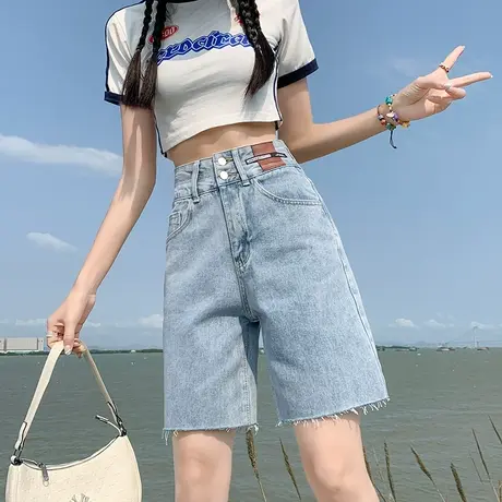 蓝色毛边牛仔短裤女夏季薄款高腰显瘦遮跨A字宽松设计感中裤潮ins商品大图