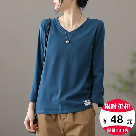 dza 纯棉V领白色t恤女士春秋新款宽松打底衫女装上衣薄款长袖体恤商品大图