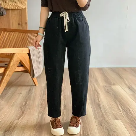 dza 高腰显瘦宽松阔腿加绒休闲裤子女冬加厚纯棉哈伦裤保暖外穿裤商品大图