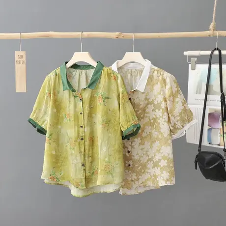 复古拼色印花棉麻短袖衬衫女夏季新款文艺范休闲亚麻衬衣女装上衣商品大图